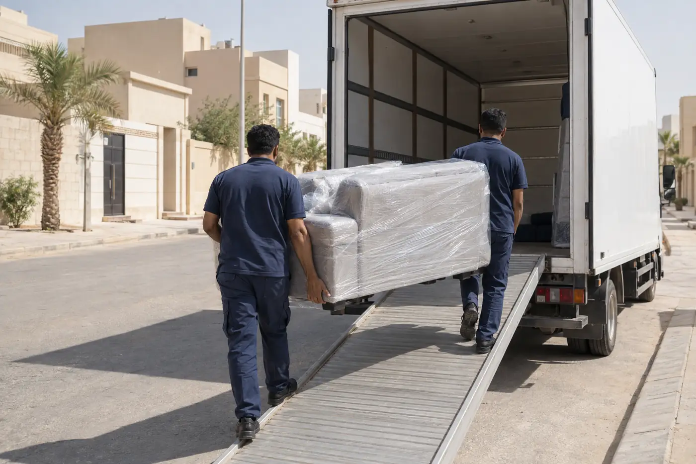 عمال نقل عفش يحملون قطعة أثاث مغلفة إلى شاحنة